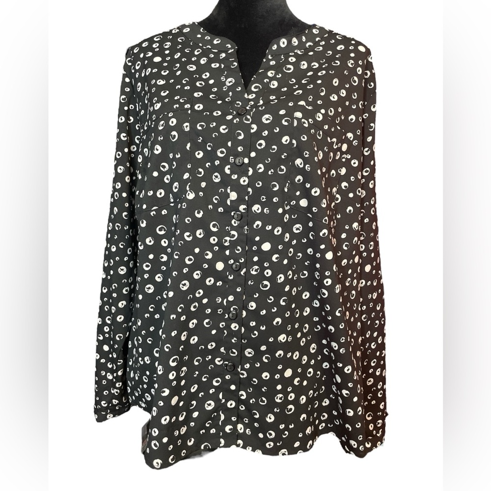 Notations Women's Black and White Polka Dot Button Down Long Sleeve Top